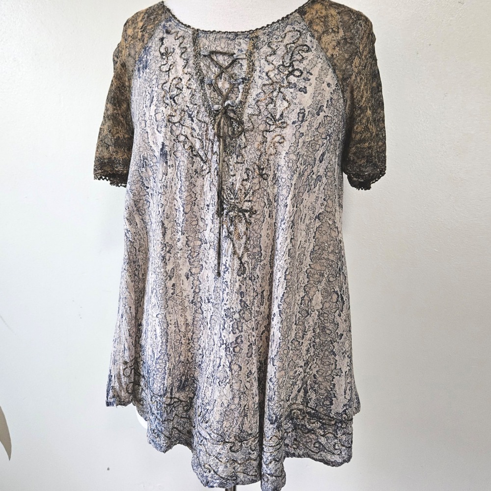 Vtg Y2K 100% Cotton Boho Textured‎ Tunic Top Short Sleeve Laced Whimsy Fairy M/L